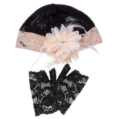 Boland 64346 Kostmset 46346-Set Charleston Hat and 1 Pair of Gloves for Women, Lace with Flower, Gemstones, Flapper, 20s Costume Set, Carnival Party, Halloween, Multicoloured, standard size
