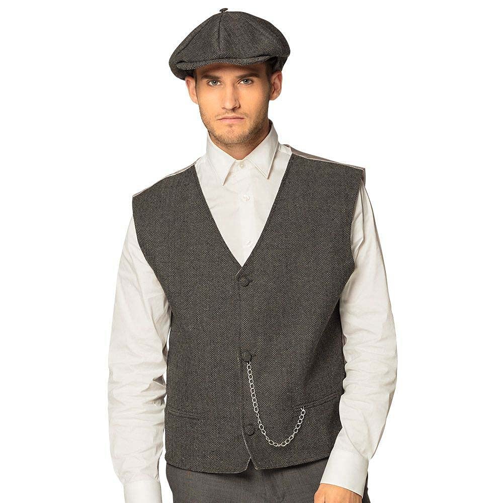 Boland 33015 33015 Set Birmingham Hat and Vest Costume Set England Beret Hat Herringbone Fabric Carnival Fancy Dress Carnival Theme Party Men Grey/Brown M/L