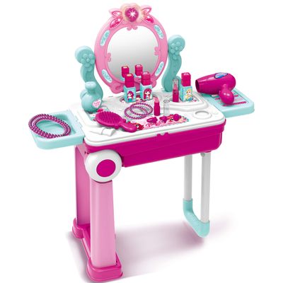 Toy Chef Rolling Make Up Table for Kids Girls - 2in1 Suitcase & Beauty Station w/Mirror, Hair Dryer & Fashion Accessories - Toddler Vanity Set for 3 Year Old +