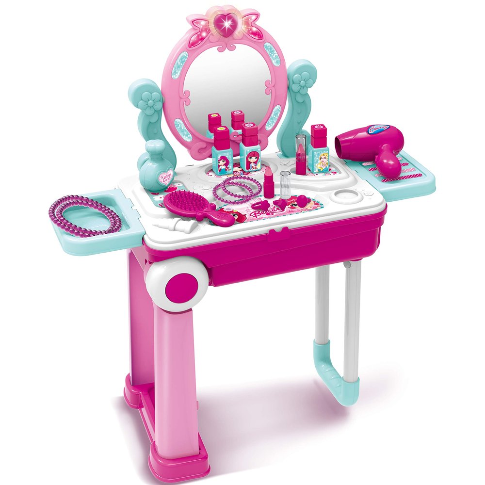 Toy Chef Rolling Make Up Table for Kids Girls - 2in1 Suitcase & Beauty Station w/Mirror, Hair Dryer & Fashion Accessories - Toddler Vanity Set for 3 Year Old +