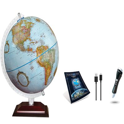 Alamo Intelliglobe Globe: 12" Raised Relief US Cartography with Hardwood Base & Pen/Book Kit - Over 30,000 World Facts & Games