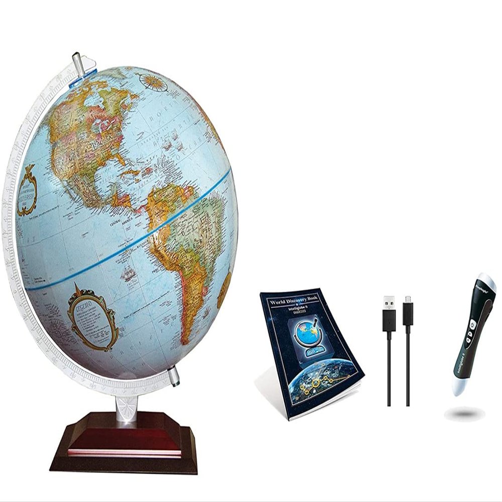 Alamo Intelliglobe Globe: 12" Raised Relief US Cartography with Hardwood Base & Pen/Book Kit - Over 30,000 World Facts & Games