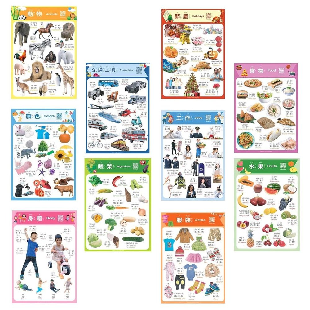 N/A/ Chinese Learning 10-Poster Set for Kids. Montessori-Inspired. Bilingual with Traditional Chinese, English, and Zhuyin.