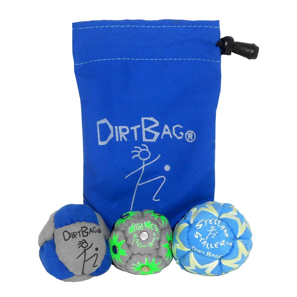 DIRTBAG All Star Footbag 3 Pack with Pouch, 100% Handmade, Premium Quality, Bright Vivid Colors, Signature Carry Bag - Blue/Gray with Blue Pouch