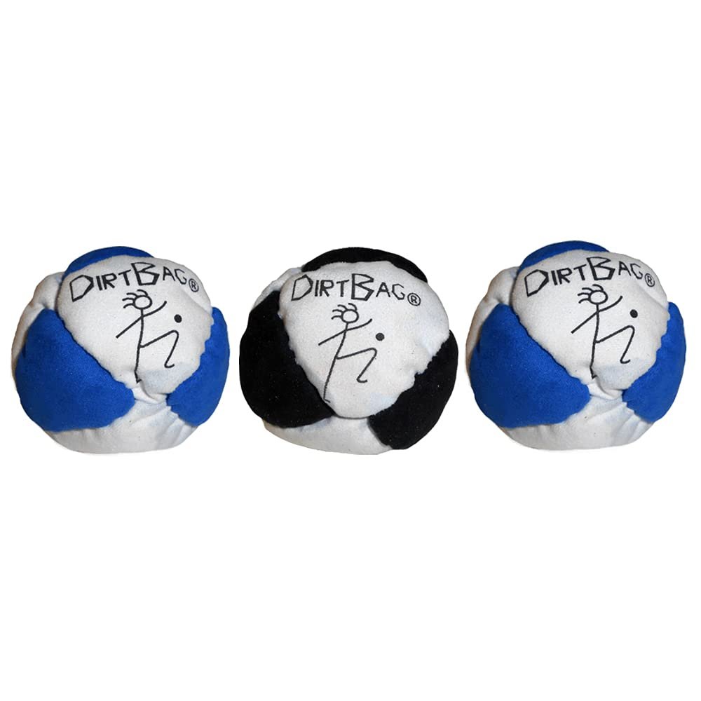 DIRTBAG Classic Footbag 3 Pack, Handmade, Pro-Grade Durability, Original Design, Machine Washable - White/Blue/Black Combo