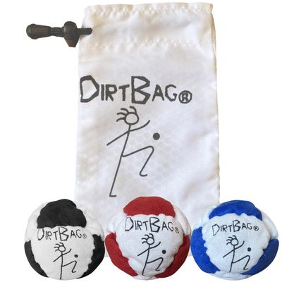 DIRTBAG Classic Footbag 3 Pack with Pouch, Unique, Footbag Set with Signature Carry Bag - White Combo with White Pouch.