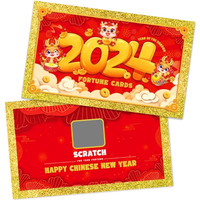 Extenuating Threads 48PCS 2024 Chinese New Year Scratch Off Fortune Cards, 2024 Year of The Dragon Party Fortune Games, Favors for Lunar Dragon New Year's Celebration Office Party Supplies