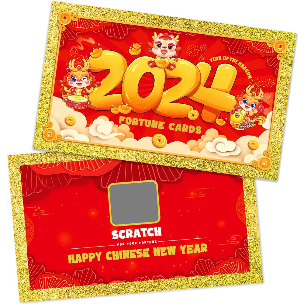 Extenuating Threads 48PCS 2024 Chinese New Year Scratch Off Fortune Cards, 2024 Year of The Dragon Party Fortune Games, Favors for Lunar Dragon New Year's Celebration Office Party Supplies