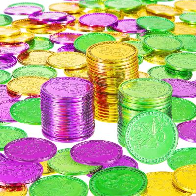 90 Pieces Mardi Gras Coins Set Good Luck Gold Green Purple Coins Party Favor Plastic Table Sprinkles for Mardi Gras Table Decorations Party Accessory Supplies