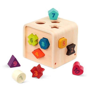 Battat Shape Sorter for Toddlers, Kids Wooden Learning Cube 10 Colorful Wood Shapes with Numbers Count & Sort Cube 1 Year +