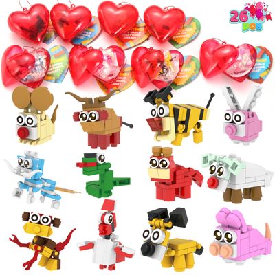 JOYIN 26 Packs Valentines Day Cards with Building Blocks, Prefilled Hearts with Cards Filled with Animal Building Blocks for Valentine Party Favor, Classroom Prize Supply