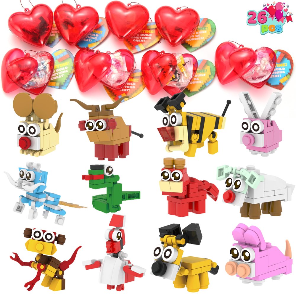 JOYIN 26 Packs Valentines Day Cards with Building Blocks, Prefilled Hearts with Cards Filled with Animal Building Blocks for Valentine Party Favor, Classroom Prize Supply