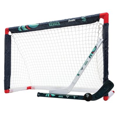 Franklin Sports Seattle Kraken Mini Hockey Set - Knee Hockey Goal, Ball, & 2 Hockey Stick Combo Set - Mini Goal Net - NHL Official Hockey Set
