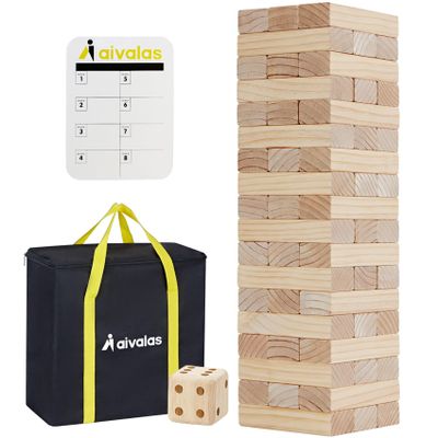 Aivalas Giant Timber Blocks Games, 57 Blocks Large Tower Outdoor Games - Includes Carry Bag and Scoreboard, Wood Stacking Yard Games Grows from 2FT to Over 4.2FT for Kids Adults Family