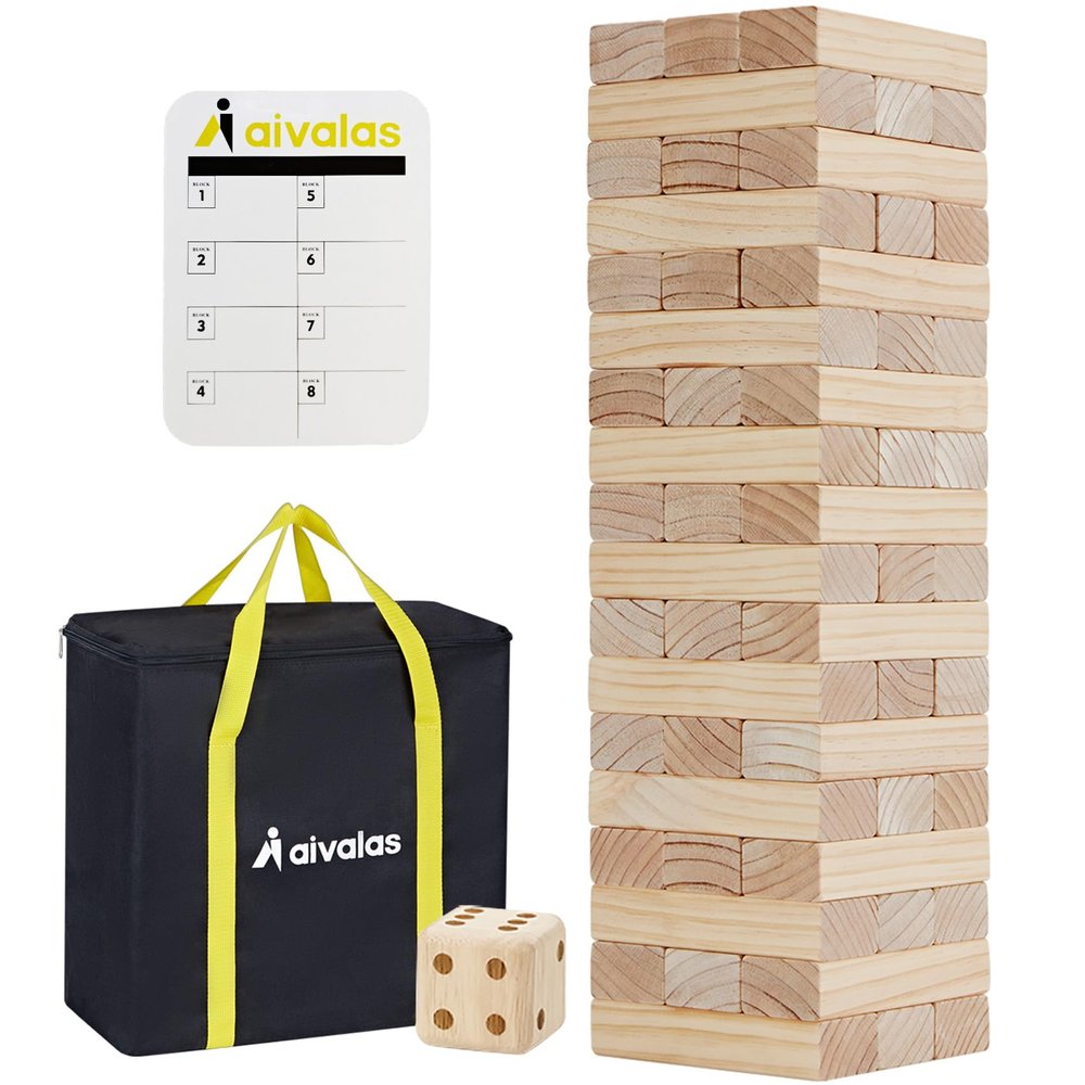Aivalas Giant Timber Blocks Games, 57 Blocks Large Tower Outdoor Games - Includes Carry Bag and Scoreboard, Wood Stacking Yard Games Grows from 2FT to Over 4.2FT for Kids Adults Family
