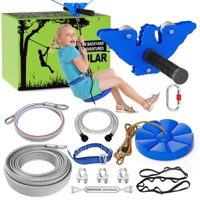 X XBEN 120FT Zip line Kit for Kids and Adults, Zip Lines for Backyard, Included Swing Seat, Spring Brake, Steel Trolley and Adjustable Safety Belt, Outdoor Play Sets Equipment