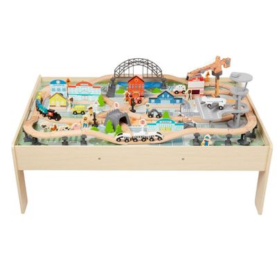Amazon Basics 120 Piece Wooden Train Set with Table, Sturdy Tracks and Storage Bin, Multi-Activity, Kids Gift for Age 3Y+, 47.44 x 33.46 x 16.14 inches