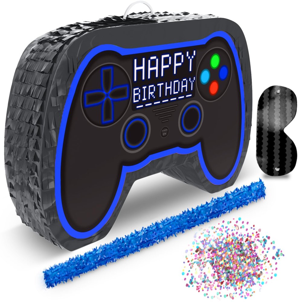 Jergrim Blue Video Game Controller Piata (Small Stick Included) 17x11x 3 Perfect for Birthday Gamer Parties, Party Decor, Gaming theme parties and other Decorations