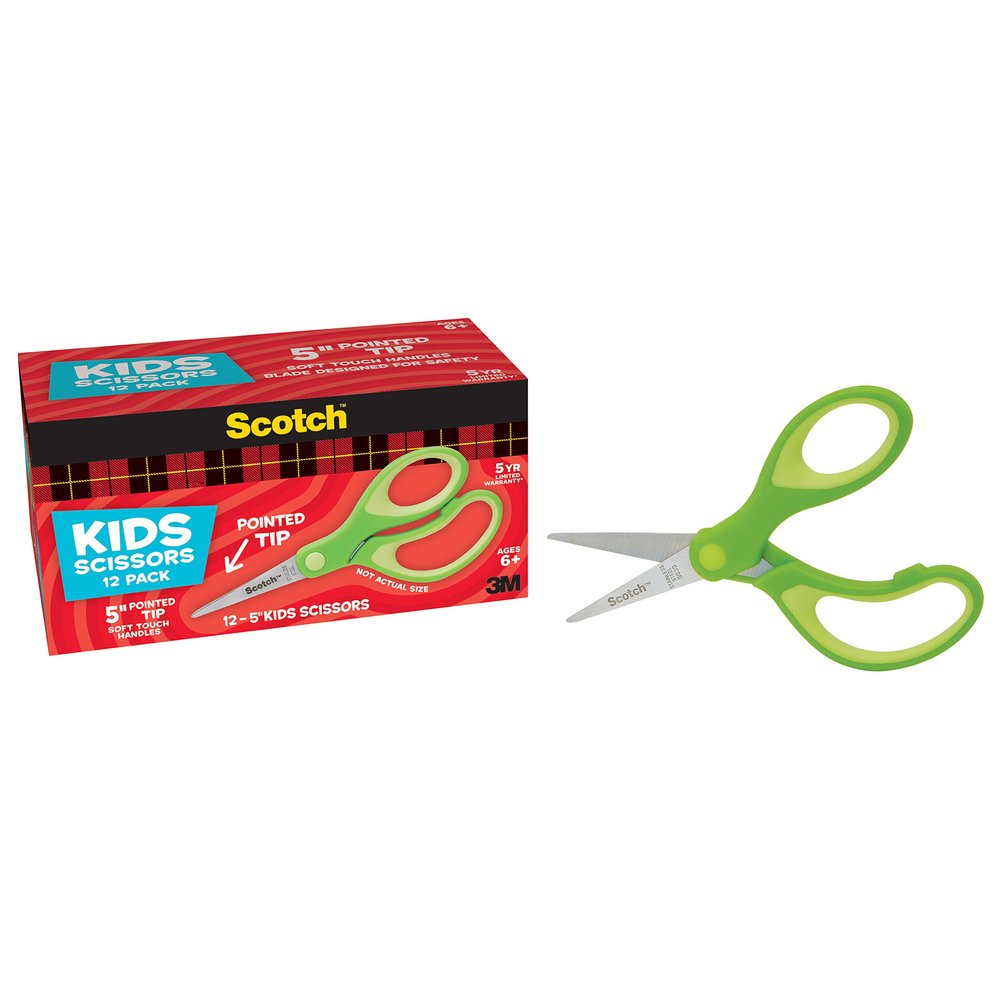 Scotch 5-Inch Soft Touch Pointed Kid Scissors, 12 Count Teacher Pack, Green, Pack of 6