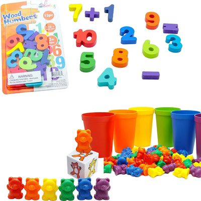 Skoolzy Rainbow Counting Bears and Wooden Numbers for Toddler Activities and Preschool Learning. Color Sorting and Math.