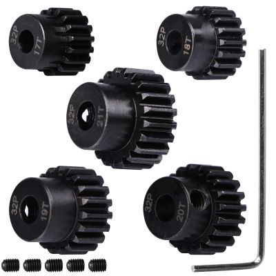 32P Hardened Steel Upgrade Pinion Gear Set: 17T 18T 19T 20T 21T fit 5mm RC Motor Shaft (Work with Steel Spur Gear) for RC Cars, Set of 5