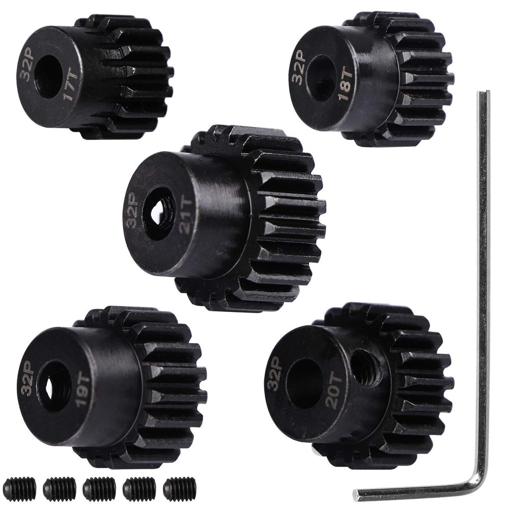 32P Hardened Steel Upgrade Pinion Gear Set: 17T 18T 19T 20T 21T fit 5mm RC Motor Shaft (Work with Steel Spur Gear) for RC Cars, Set of 5