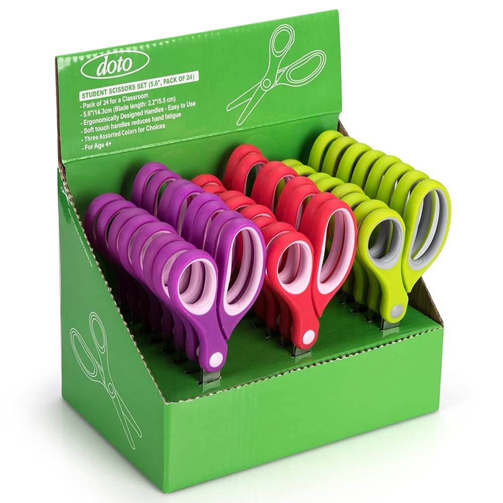 Doto Kids Scissors (24 Count Teacher Pack, Rounded-tip, 5.6 Inch) - 5.6 Soft Touch Blunt School Student Scissors Shears DT-003-H (Pack of 24)