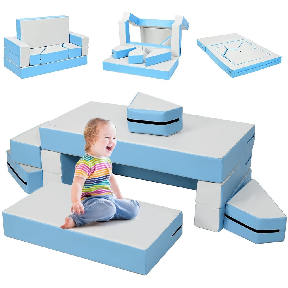 Costzon Climb and Crawl Foam Playset, 4-in-1 Convertible Furniture Into Toddler Bed, Sofa, Table, Activity Play Blocks, 8-Piece Lightweight Couch for Kids, Baby, Preschooler (Contemporary)