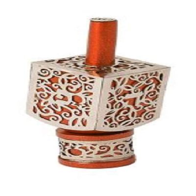 Yair Emanuel Decorative Dreidel on Base Orange Anodized Aluminum with Silver Colored Metal Cutout Floral Design Hanukkah Dreidel Spinning Top, Size Medium