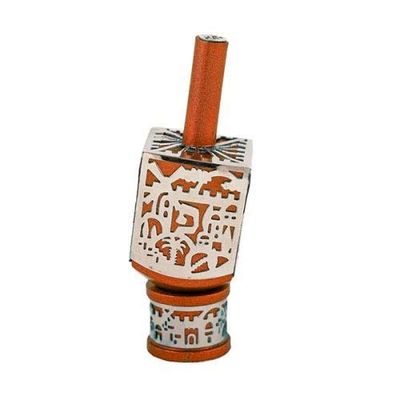 Yair Emanuel Decorative Dreidel on Base Orange Anodized Aluminum with Silver Colored Metal Cutout Jerusalem Design Hanukkah Dreidel Spinning Top, Size Medium