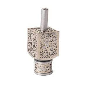 Yair Emanuel Decorative Dreidel on Base Silver Colored Anodized Aluminum with Metal Cutout Floral Design Hanukkah Dreidel Spinning Top, Size Medium