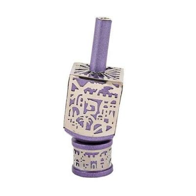 Yair Emanuel Decorative Dreidel on Base Purple Anodized Aluminum with Silver Colored Metal Cutout Jerusalem Design Hanukkah Dreidel Spinning Top, Size Medium