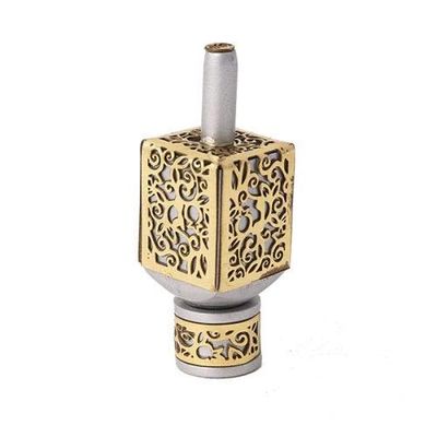Yair Emanuel Decorative Dreidel on Base Silver Colored Anodized Aluminum with Brass Metal Cutout Floral Design Hanukkah Dreidel Spinning Top, Size Medium