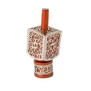 Yair Emanuel Decorative Dreidel on Base Orange Anodized Aluminum with Silver Metal Cutout Pomegranate Design Hanukkah Dreidel Spinning Top, Size Small