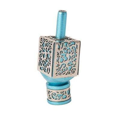 Yair Emanuel Decorative Dreidel on Base Turquoise Anodized Aluminum with Silver Metal Cutout Pomegranate Design Hanukkah Dreidel Spinning Top, Size Small