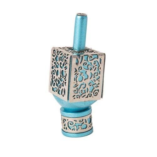 Yair Emanuel Decorative Dreidel on Base Turquoise Anodized Aluminum with Silver Metal Cutout Pomegranate Design Hanukkah Dreidel Spinning Top, Size Small