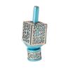 Yair Emanuel Decorative Dreidel on Base Turquoise Anodized Aluminum with Silver Metal Cutout Pomegranate Design Hanukkah Dreidel Spinning Top, Size Small view 1