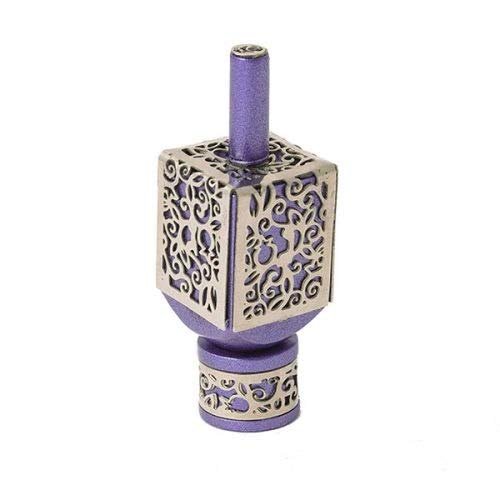 Yair Emanuel Decorative Dreidel on Base Purple Anodized Aluminum with Silver Metal Cutout Pomegranate Design Hanukkah Dreidel Spinning Top, Size Small