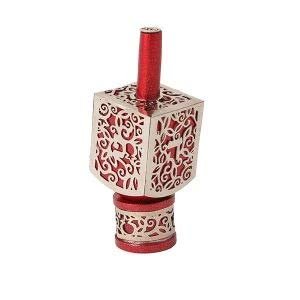 Yair Emanuel Decorative Dreidel on Base Red Anodized Aluminum with Silver Metal Cutout Pomegranate Design Hanukkah Dreidel Spinning Top, Size Small