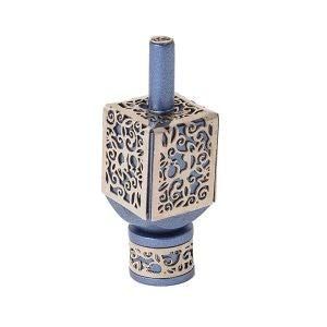 Yair Emanuel Decorative Dreidel on Base Blue Anodized Aluminum with Silver Metal Cutout Pomegranate Design Hanukkah Dreidel Spinning Top, Size Small