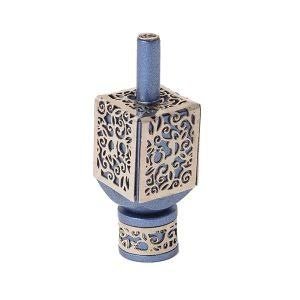 Yair Emanuel Decorative Dreidel on Base Blue Anodized Aluminum with Silver Metal Cutout Pomegranate Design Hanukkah Dreidel Spinning Top, Size Small