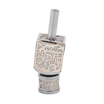 Yair Emanuel Decorative Dreidel on Base Silver Colored Anodized Aluminum with Metal Cutout Jerusalem Design Hanukkah Dreidel Spinning Top, Size Large