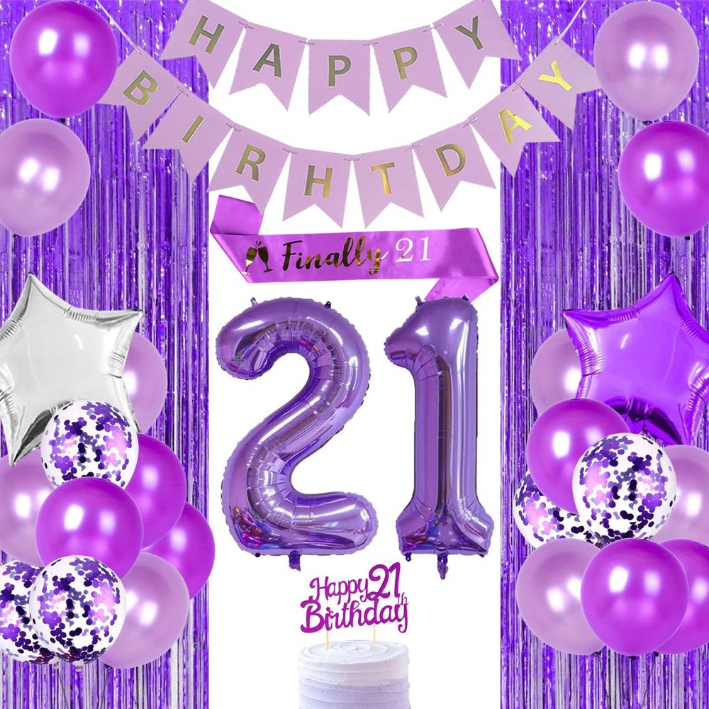 Purple 21st Birthday Decorations for Women Finally 21 Party Decorative Supplies with Finally 21 Birthday Sash Happy 21st Birthday Cake Topper Number 21 Foil Balloon