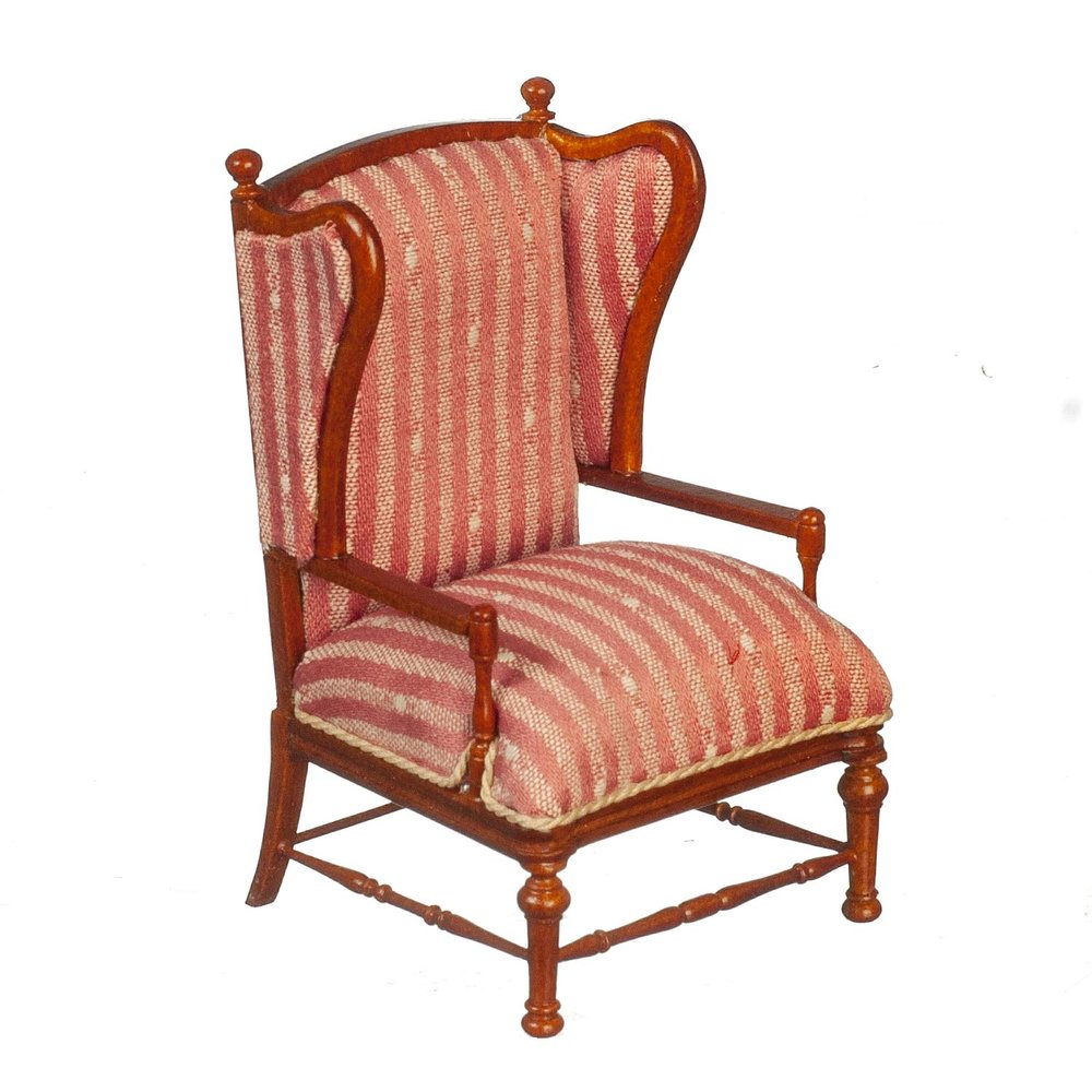 Melody Jane Dollhouse Pink Stripe Open Armchair Walnut JBM Miniature Living Room Furniture
