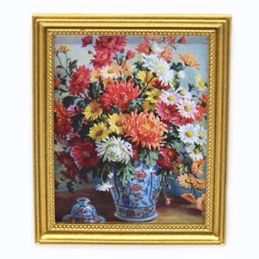 Melody Jane Dollhouse Chrysanthemums in Vase Painting Gold Frame Miniature Accessory 1:12