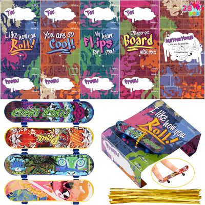 JOYIN 28 Pcs Valentines Day Finger Skateboards with Cards for Kids, Valentine Party Favor, Greeting Cards, Classroom Exchange Prizes, Holiday Reward Gifts, Finger Skateboard Toys