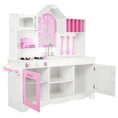 HOMGX Kids Wooden Play Kitchen Set, Classic Toddler Pretend Kitchen Play Toy Set w/Accessories, Large Storage w/ 2 Cabinets, Cooking Food Toy Set for Toddler