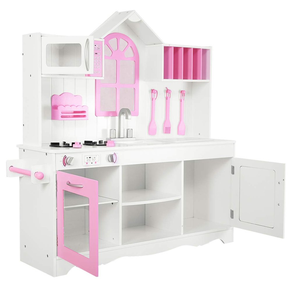 HOMGX Kids Wooden Play Kitchen Set, Classic Toddler Pretend Kitchen Play Toy Set w/Accessories, Large Storage w/ 2 Cabinets, Cooking Food Toy Set for Toddler