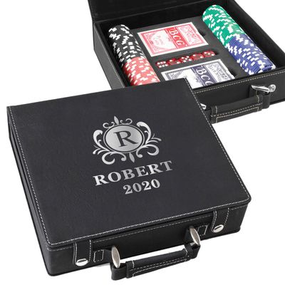 Leatherette Personalized Poker Set With Box Engraved With Monogram - Custom Gift for Wedding, Groomsmen, Dad, Poker Players (Black/Silver)