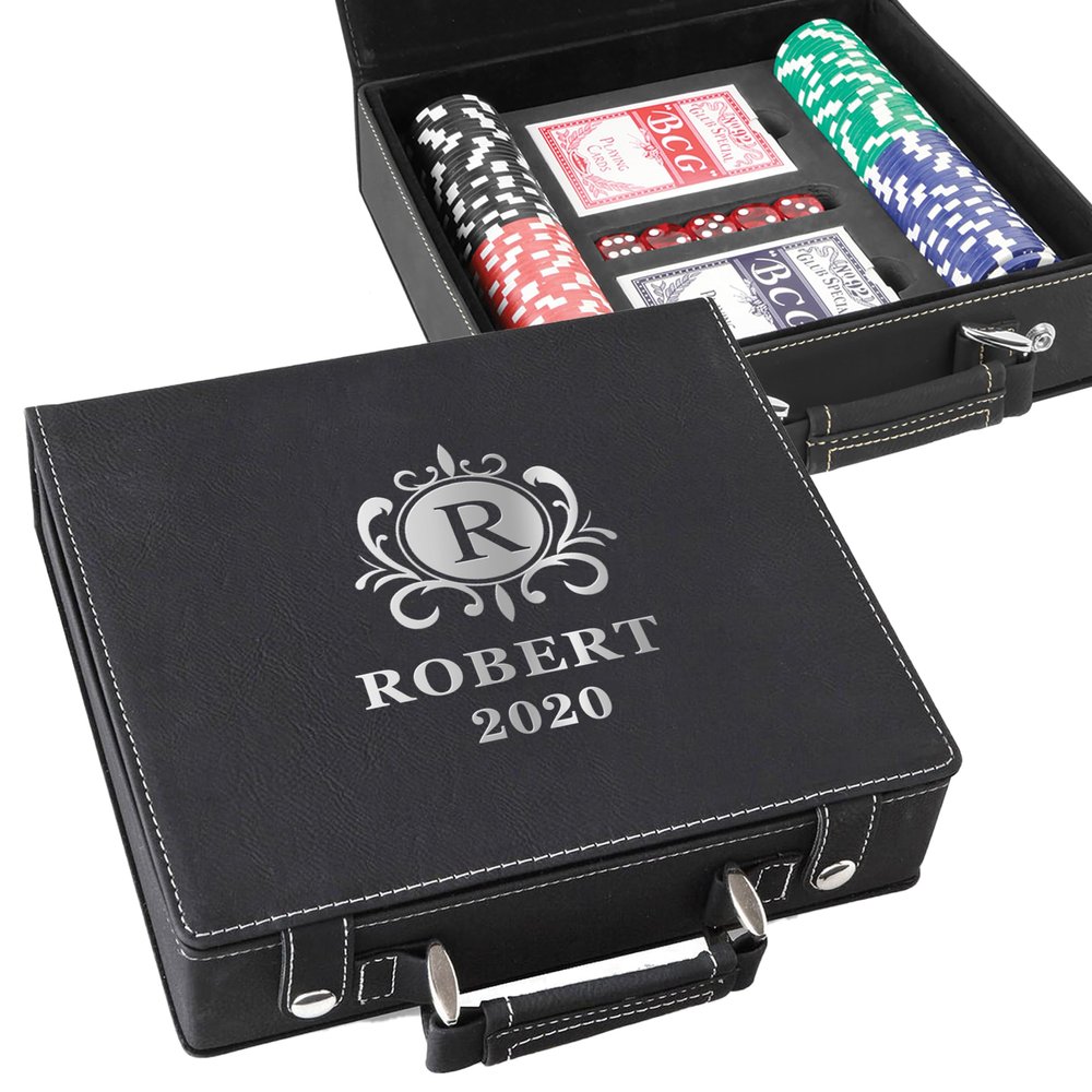 Leatherette Personalized Poker Set With Box Engraved With Monogram - Custom Gift for Wedding, Groomsmen, Dad, Poker Players (Black/Silver)